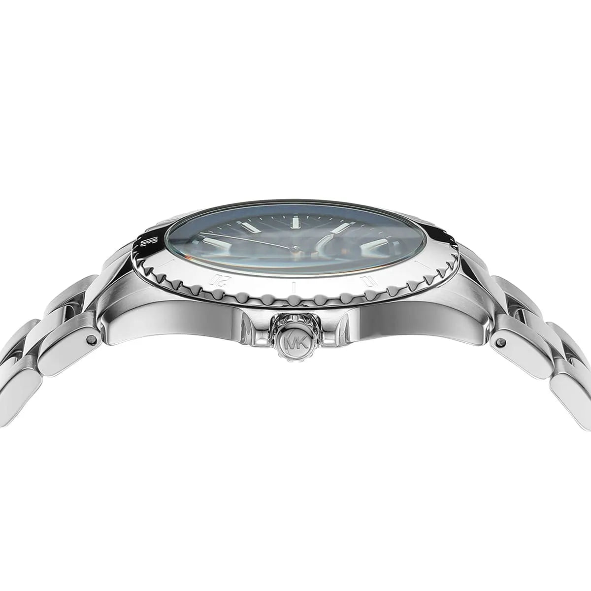 Michael Kors Everest MK9079 close-up of blue sunburst dial and rotating bezel detail