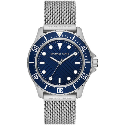 Michael Kors Everest men's watch with blue dial, silver-tone mesh strap, and rotating bezel
