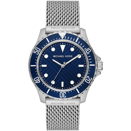 Michael Kors Everest men's watch with blue dial, silver-tone mesh strap, and rotating bezel