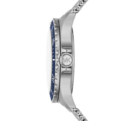 Michael Kors Everest watch side profile showing silver-tone stainless steel case and mesh strap