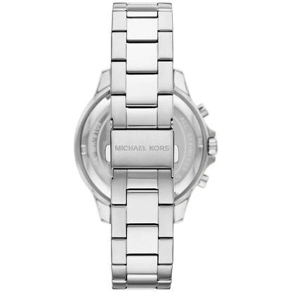 Michael Kors Grayson chronograph watch caseback view with silver stainless steel bracelet