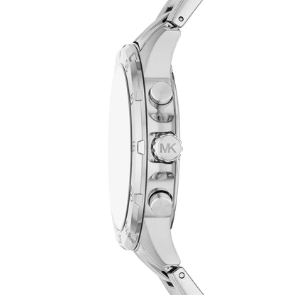 Michael Kors Grayson watch side view showing silver stainless steel case profile
