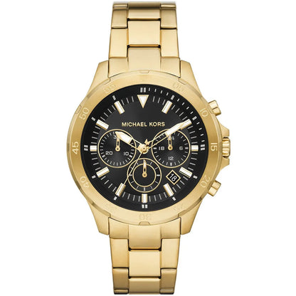 Michael Kors Greyson chronograph watch with gold-tone case, black dial, and gold-tone stainless steel band