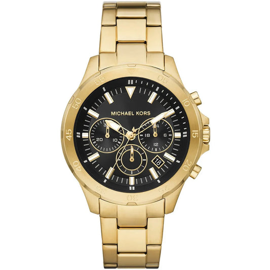 Michael Kors Greyson chronograph watch with gold-tone case, black dial, and gold-tone stainless steel band