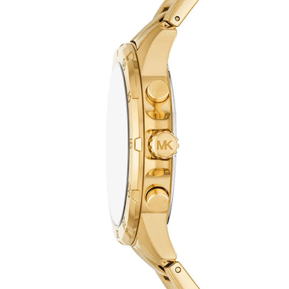 Side view of gold-tone Michael Kors Greyson watch showing case profile and chronograph pushers