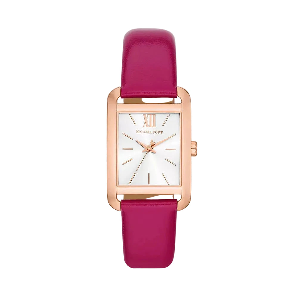 Michael Kors Monroe women's watch with rose gold case, white dial, and pink leather strap