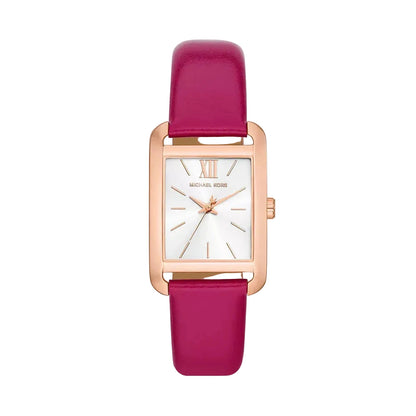 Michael Kors Monroe women's watch with rose gold case, white dial, and pink leather strap