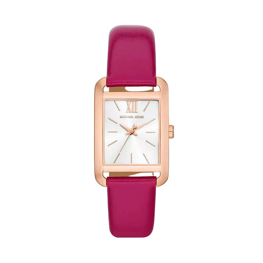 Michael Kors Monroe women's watch with rose gold case, white dial, and pink leather strap