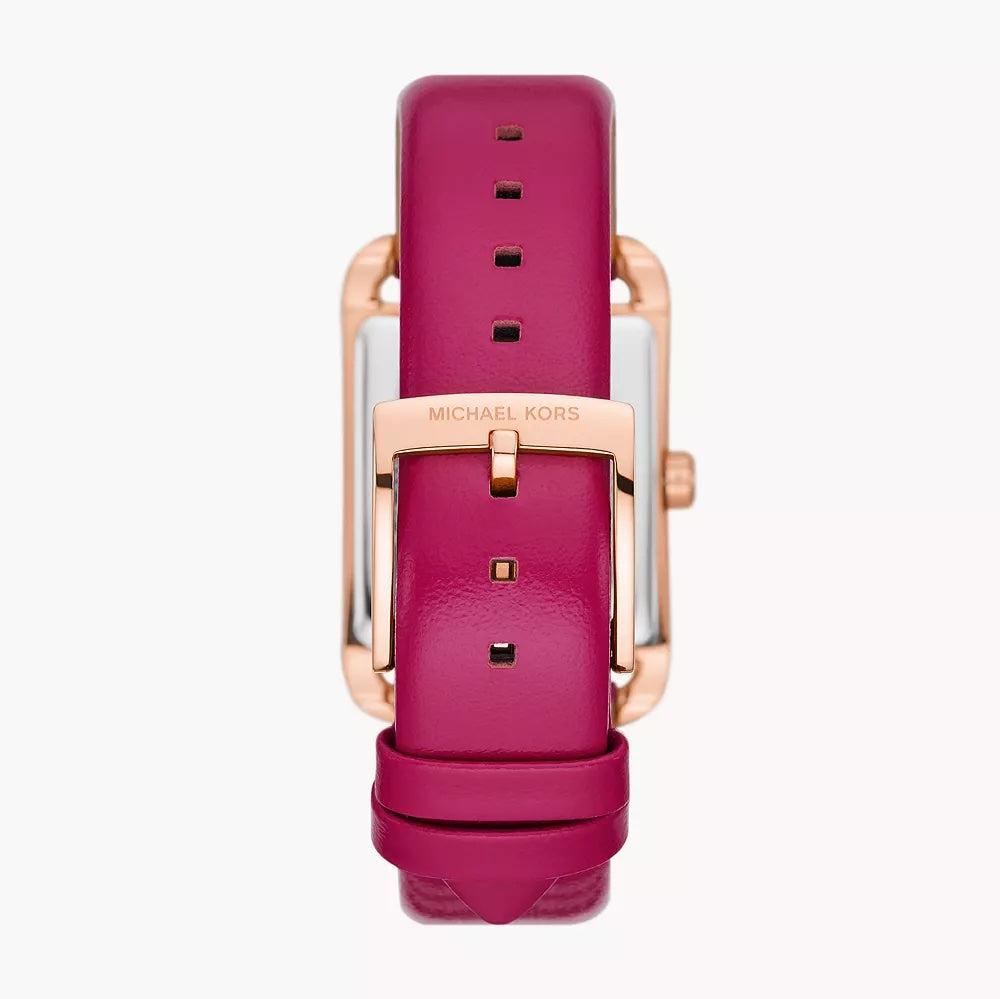 Pink leather strap with rose gold buckle and Michael Kors branding detail