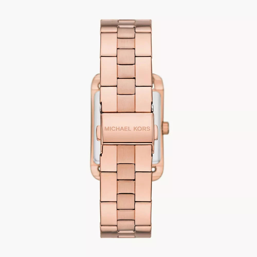 Back view of Michael Kors Monroe watch displaying rose gold-tone case back and bracelet clasp