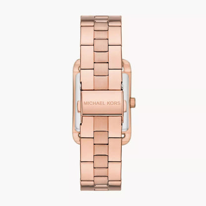 Back view of Michael Kors Monroe watch displaying rose gold-tone case back and bracelet clasp