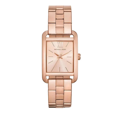 Michael Kors Monroe women's watch with rose gold-tone rectangular case, champagne dial with Roman numerals, and link bracelet