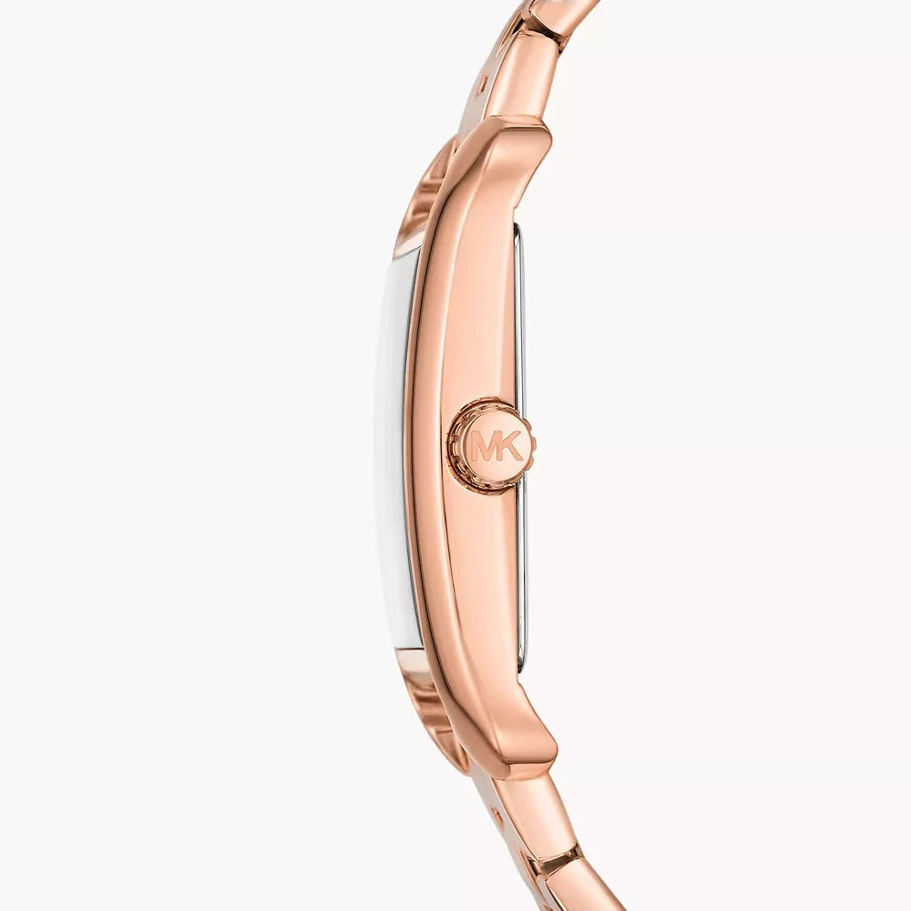 Side profile of Michael Kors Monroe watch showing rose gold-tone case and polished finish
