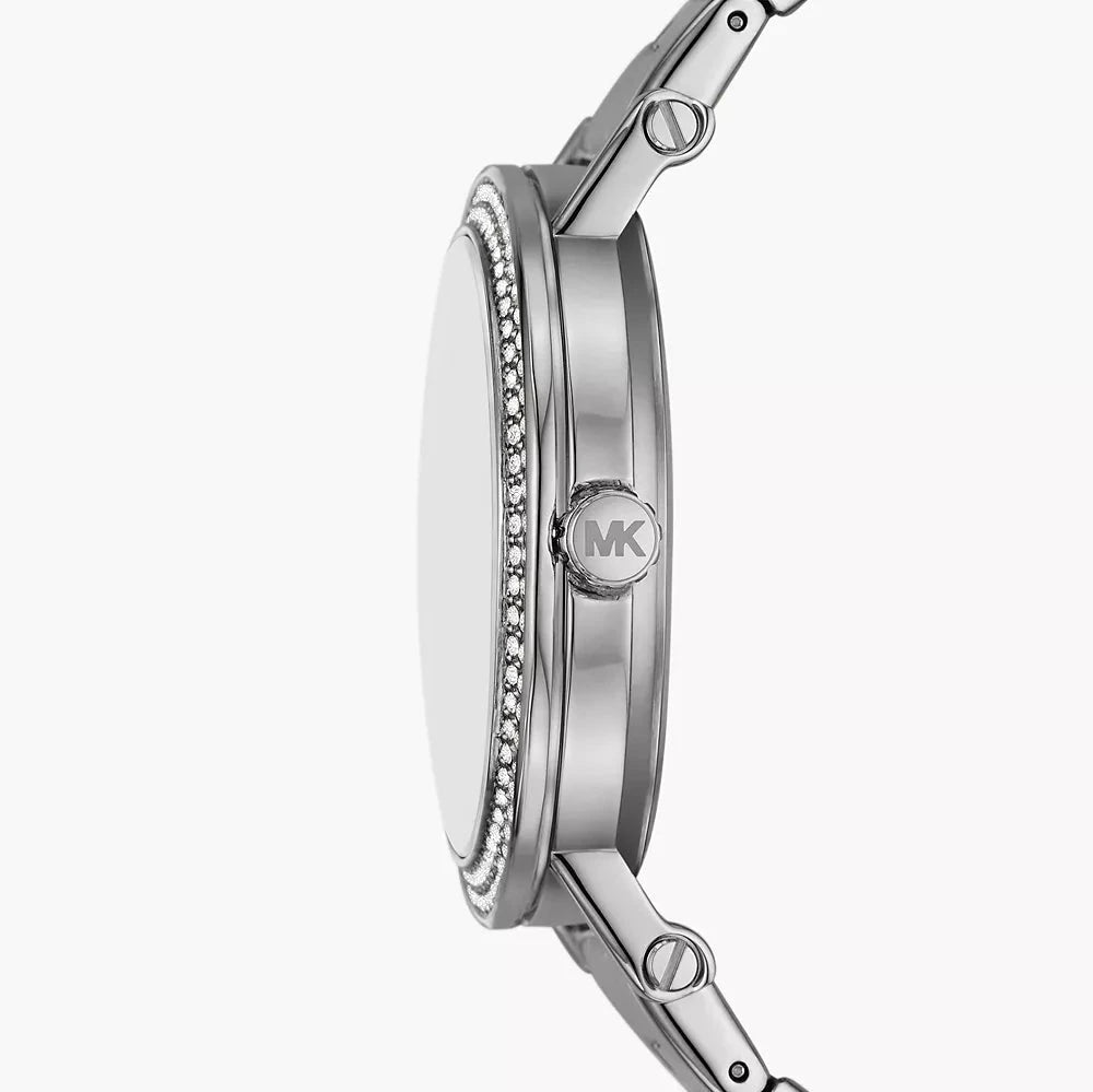 Michael Kors Corey side view showing crystal-set bezel, case profile and bracelet