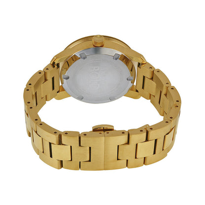 Movado Bold watch caseback and yellow gold ion plated bracelet detail