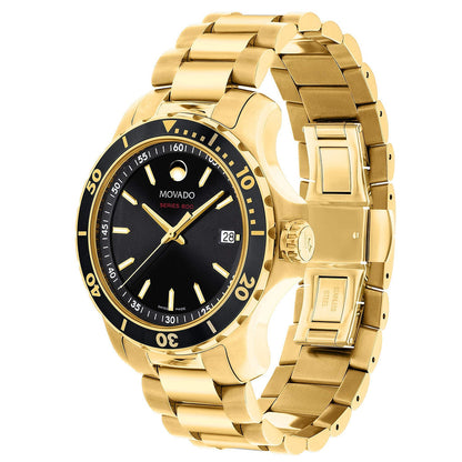 Movado Series 800 gold tone chronograph watch shown from angled side view