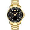 Movado Series 800 gold tone watch with black dial, date window, and gold bracelet