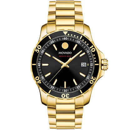 Movado Series 800 gold tone watch with black dial, date window, and gold bracelet
