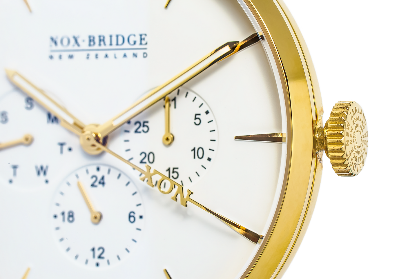 Close-up of Noxbridge AG41 chronograph dial with gold hands and subdials