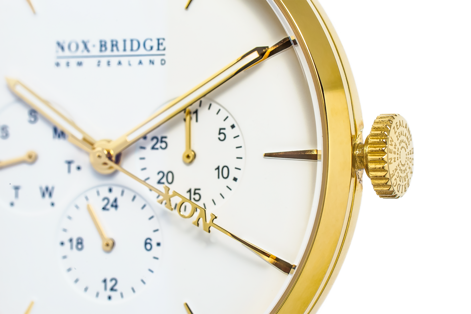 Close-up of Noxbridge AG41 chronograph dial with gold hands and subdials