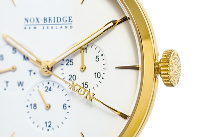 Close-up of Noxbridge AG41 chronograph dial with gold hands and subdials