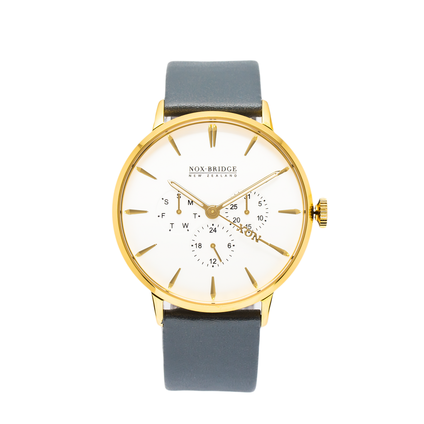 Noxbridge AG41 gold men's watch with white chronograph dial and gray leather strap