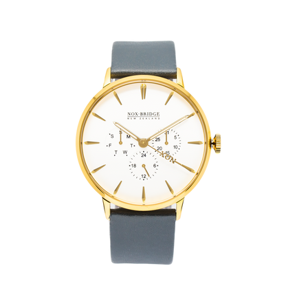 Noxbridge AG41 gold men's watch with white chronograph dial and gray leather strap