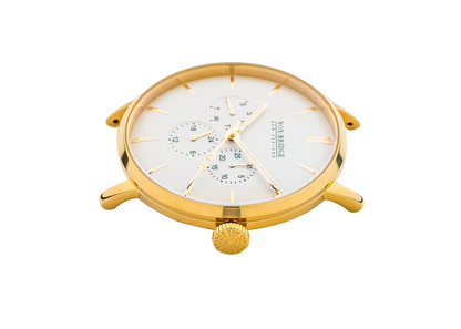 Noxbridge AG41 watch case bottom view showing chronograph subdials and gold case