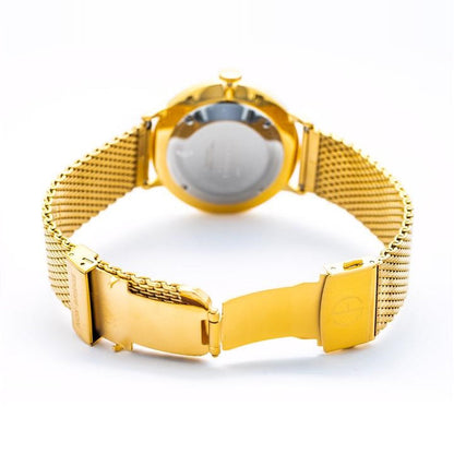All-gold mesh strap with deployable clasp and visible caseback