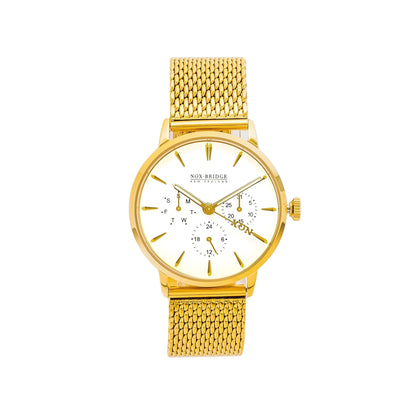 Noxbridge Supreme Classic all-gold watch with white dial and mesh strap