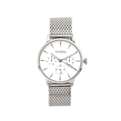 Noxbridge Supreme Pegasus silver watch with white dial and mesh bracelet