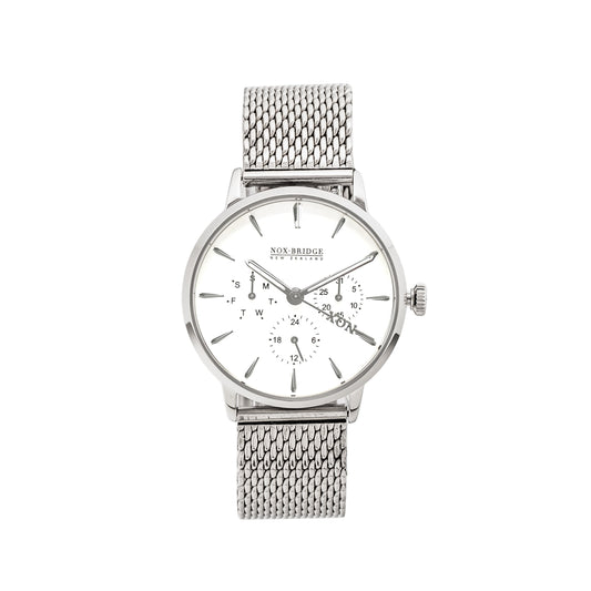 Noxbridge Supreme Pegasus silver watch with white dial and mesh bracelet