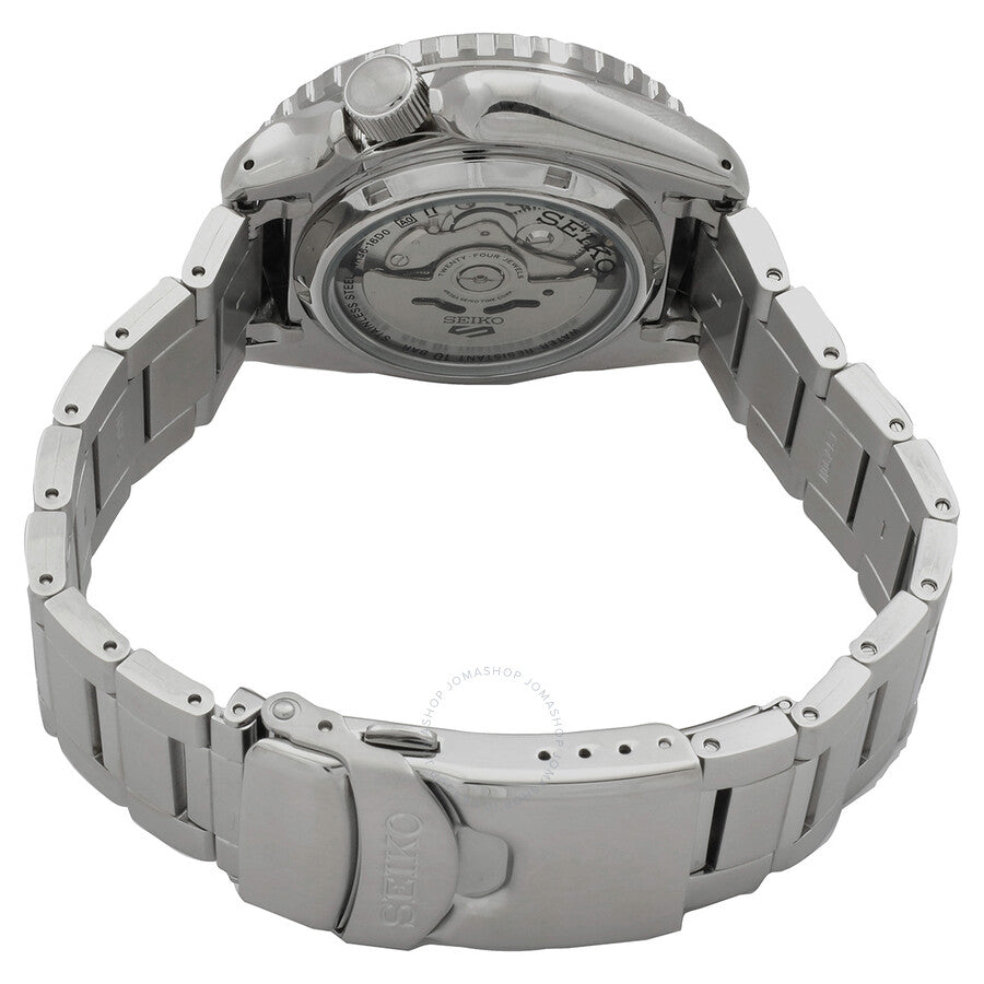 Caseback of Seiko 5 Sports SKX SRPK99K1 showing automatic movement and stainless steel bracelet