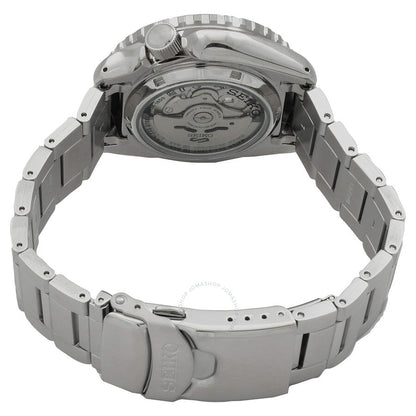 Caseback of Seiko 5 Sports SKX SRPK99K1 showing automatic movement and stainless steel bracelet