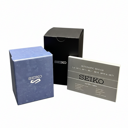 Seiko 5 Sports SRPD53K1 complete set with blue box, black outer box, and instruction manual