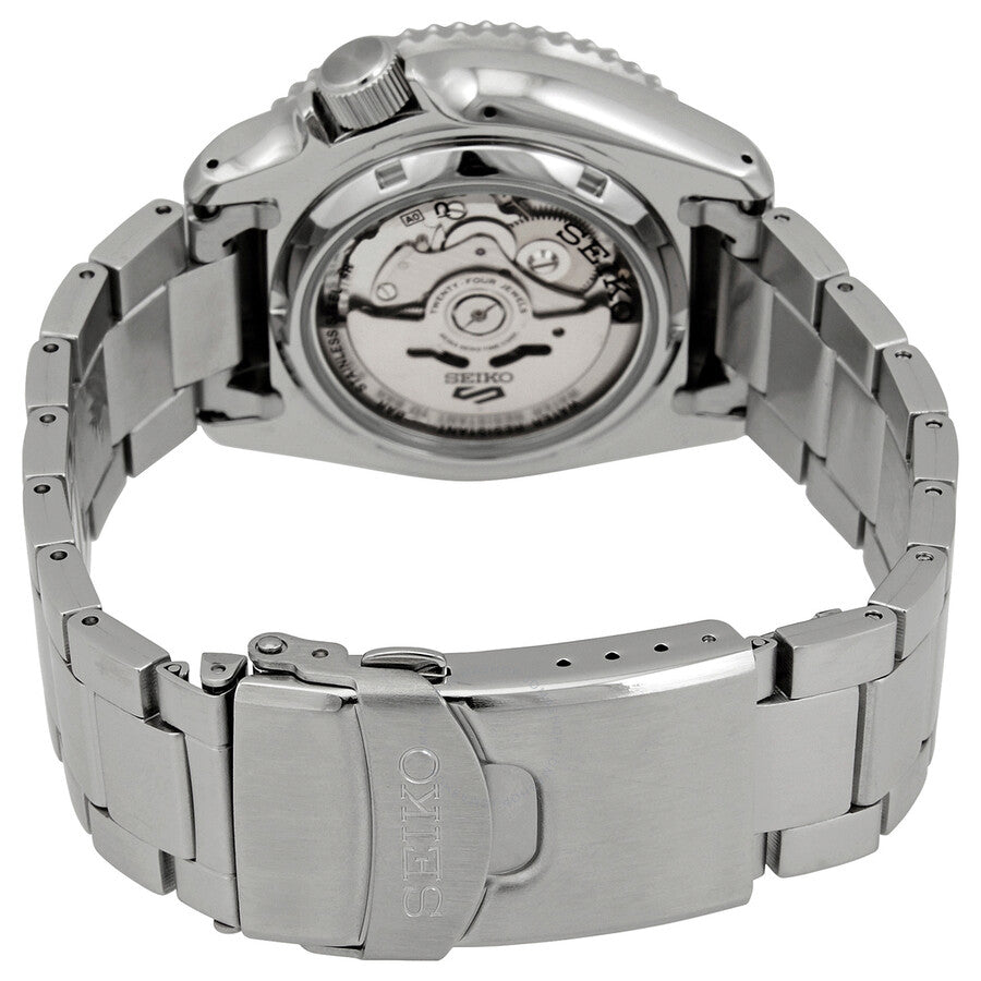 Seiko automatic movement visible through transparent caseback with stainless steel bracelet