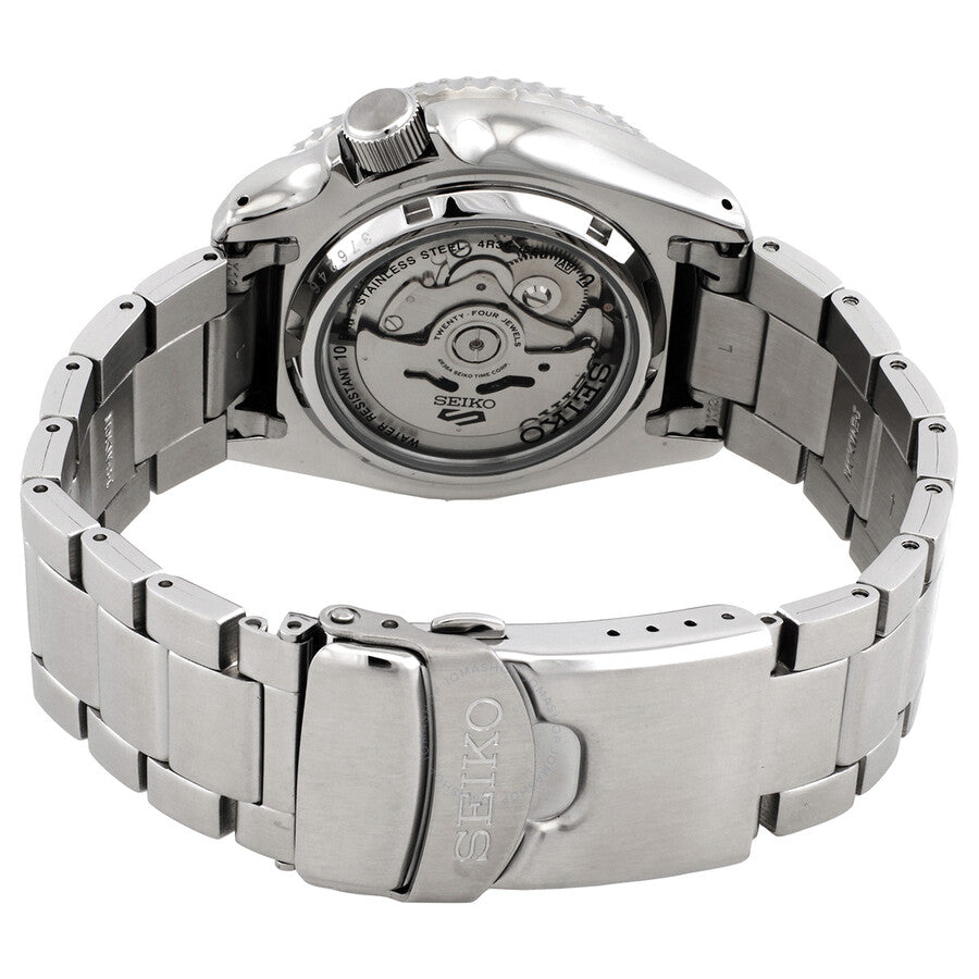 Seiko 5 Sports caseback showing automatic movement visible through transparent display case