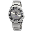 Seiko 5 Sports automatic watch with silver dial, day-date window, and stainless steel bracelet