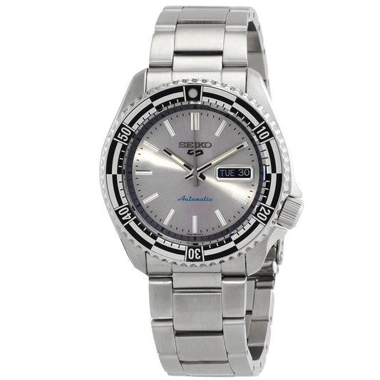 Seiko 5 Sports automatic watch with silver dial, day-date window, and stainless steel bracelet