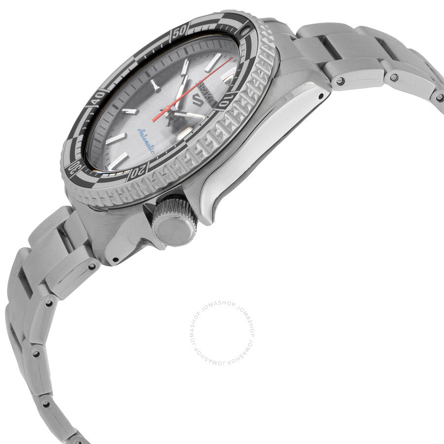 Seiko 5 Sports watch angled view showing case profile and stainless steel bracelet