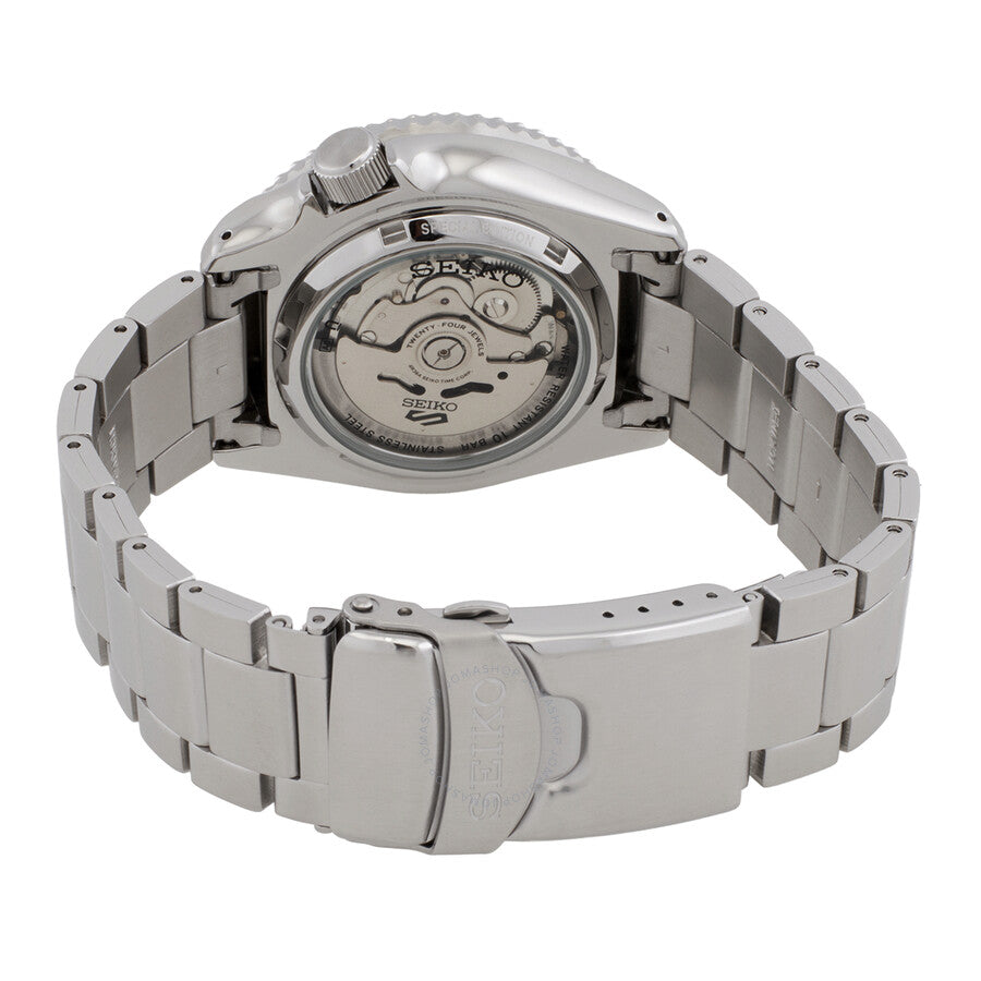 Caseback view of Seiko 5 Sports watch revealing automatic movement and stainless steel back