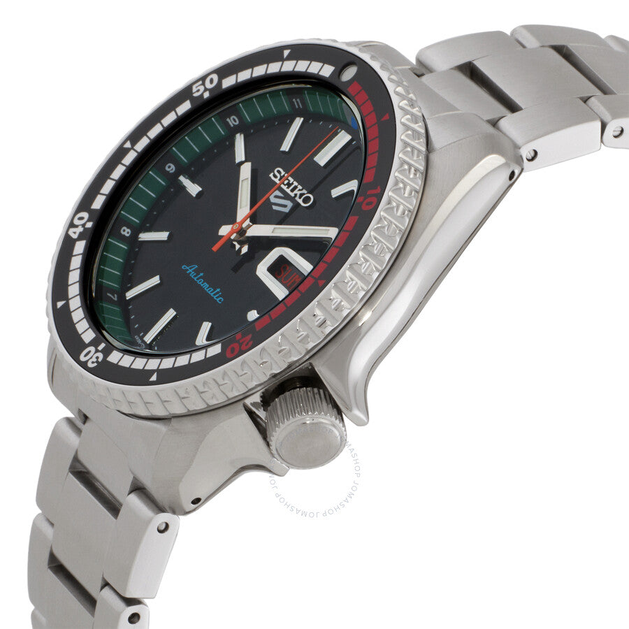 Seiko 5 Sports SRPK13K1 watch angled view showing black dial, bezel, and stainless steel strap