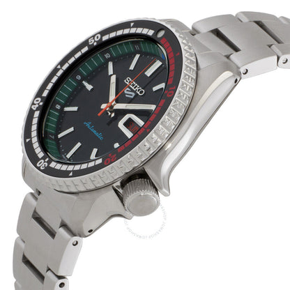Seiko 5 Sports SRPK13K1 watch angled view showing black dial, bezel, and stainless steel strap