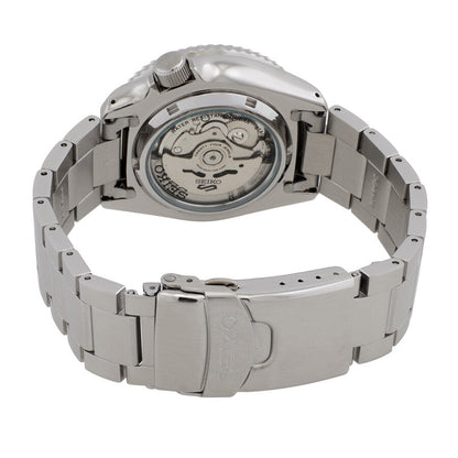 Seiko 5 Sports SRPK13K1 caseback showing automatic movement and exhibition crystal