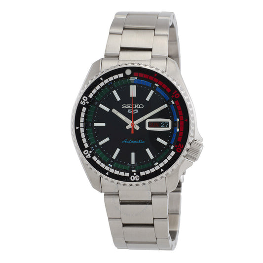Seiko 5 Sports SRPK13K1 automatic watch with black dial and stainless steel bracelet, front view