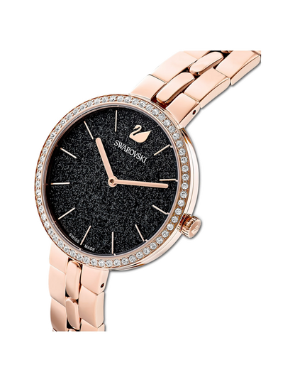 Three-quarter angle view of Swarovski Crystal Pave watch with rose gold bracelet