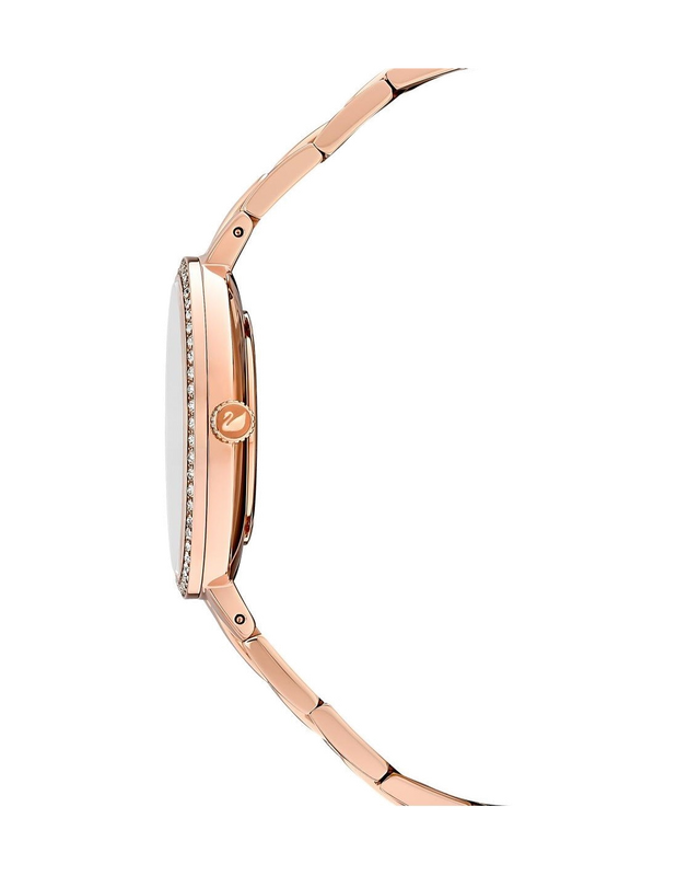 Side view of Swarovski watch showing rose gold tone bracelet and case profile