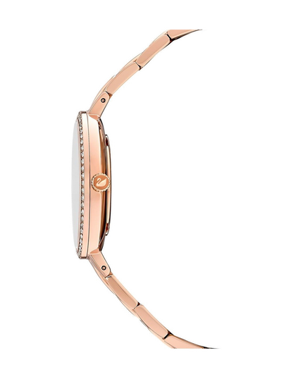 Side view of Swarovski watch showing rose gold tone bracelet and case profile