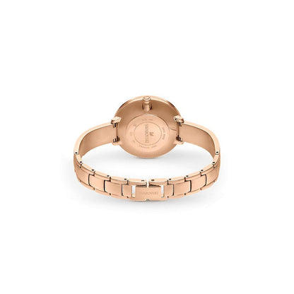 Swarovski Attract watch caseback showing rose gold metal bracelet from behind