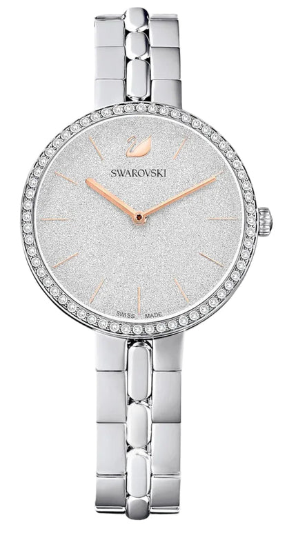 Swarovski Cosmopolitan women's watch with silver dial, crystal bezel, and stainless steel bracelet, front view